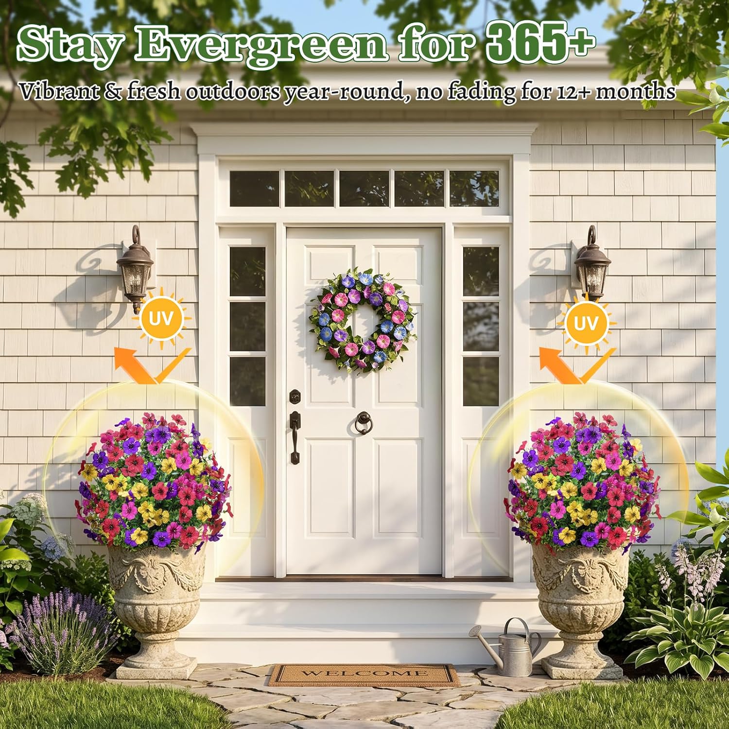 Artificial Outdoor Flowers with Stake, 2 Pack 22" UV Resistant Violet Faux Flower Balls, Realistic Artificial Flowers for Outdoor Porch Garden Yard Indoor Home Decor (Red Rose Purple Yellow)