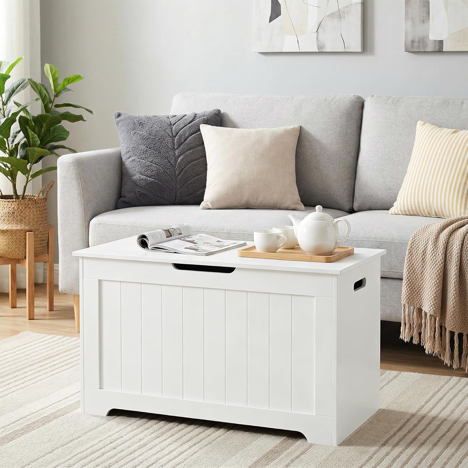 Storage Chest with Flip-top Lid, Large Wood Trunk Bench with Safety Hinge, Bedroom Living Room Clothes Blanket Organizer Bin with 100L Storage Area, White