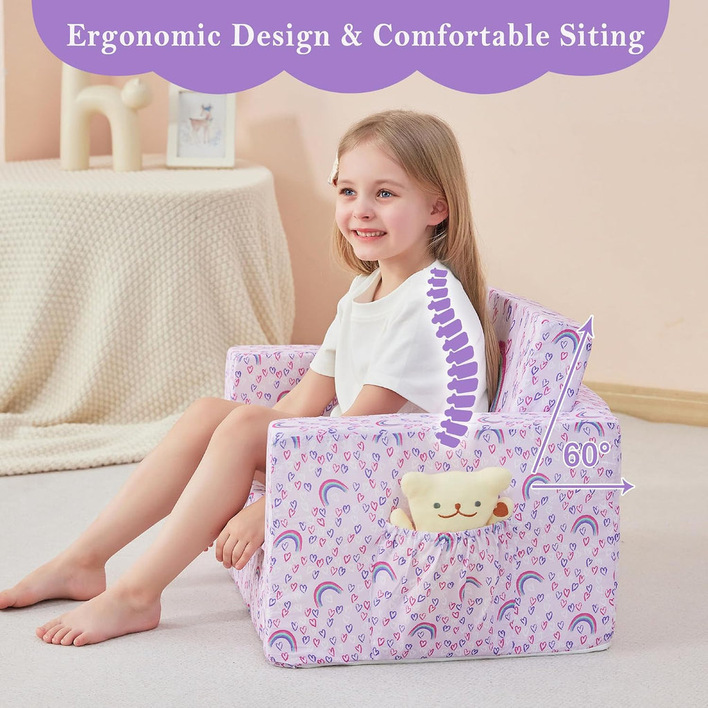 lasoftan Toddler Couch, 2-in-1 Soft Kids Couch Bed Fold Out, Toddler Chairs Comfy for Boys & Girls, Convertible Kids Sofa to Lounge for Playroom, Gift for Birthday, Children's Day - Purple Rainbow