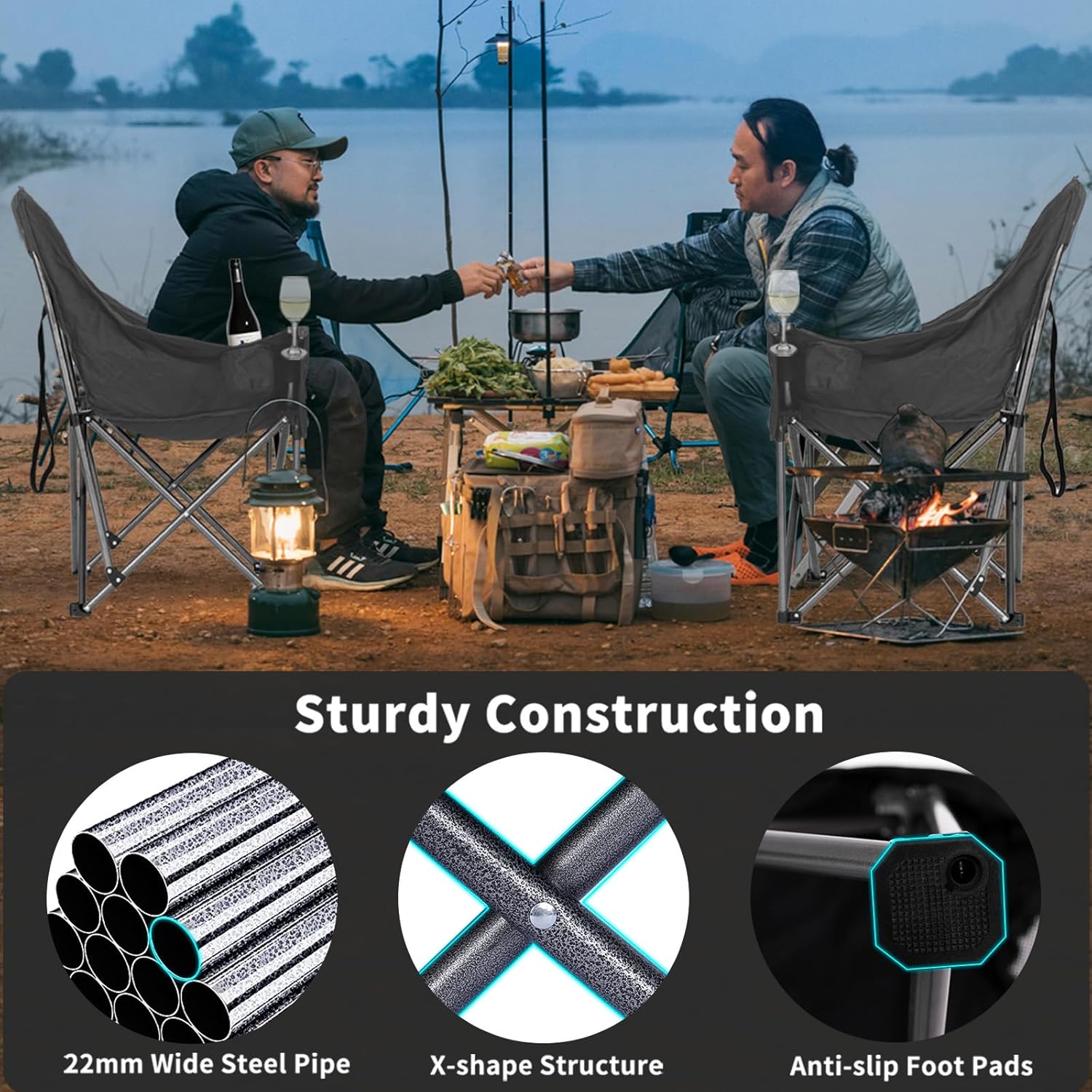 Bolosy Oversized Camping Chairs for Adults Heavy Duty Padded Portable Lawn Chairs Outdoor Folding Chairs XL Camp Chairs with Cup Holder Suproot 500 lbs, Gray Plaid