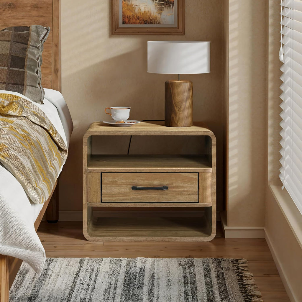 LuxenHome Modern Nightstand with Drawer and Open Shelf,15.7" H Wood Accent End Table and Night Stand with Rounded Corners, Small Bedside Table with Storage for Bedroom，Living Room