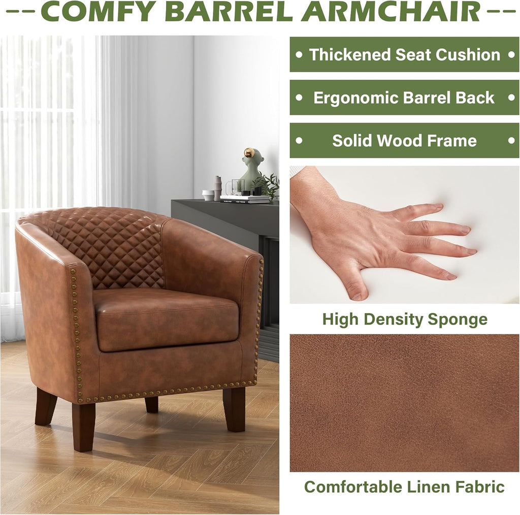 PU Leather Barrel Accent Chairs Set of 2, Modern Upholstered Armchair Round Club Chair for Living Room, Comfy Nailed Trim Arm Chair Bedroom Side Reading Seat - Brown