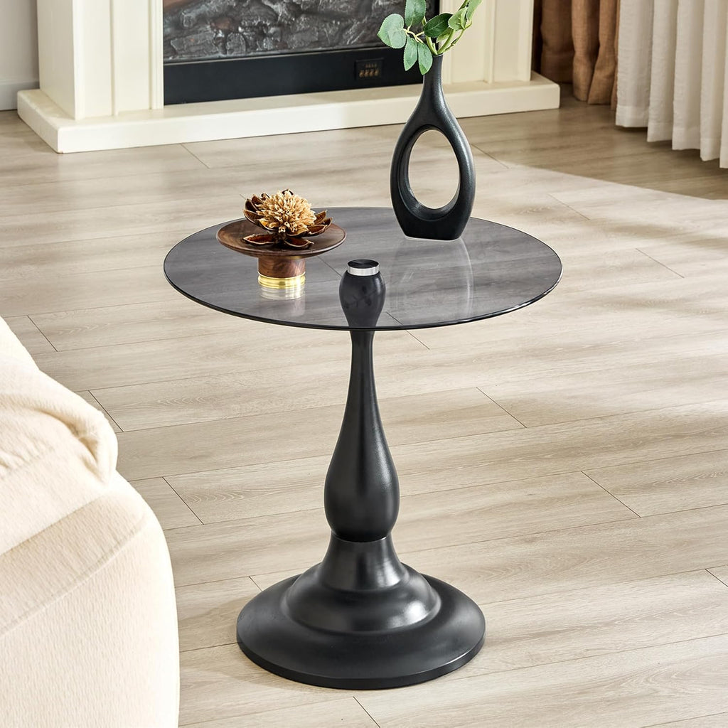 Modern Round Side Table, Gray Glass Top End Table with Black Metal Pedestal Base, Elegant Small Accent Side Tables for Living Room, Bedroom, Corner, and Office