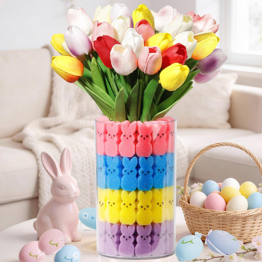 ALFEVA Easter Decorations-Vase in Vase 15pcs Artificial Tulips and 56 Peeps Bunnies Filler, Easter Vase Set Ready to Display，Spring Decorations for Home Table