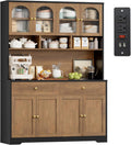 FINETONES 71" Pantry Cabinet, Tall Kitchen Pantry Storage Cabinet with Charging Station, 47.2" Wide Kitchen Hutch Food Storage Cabinets with Open Countertop for Dining Room, Black/Brown