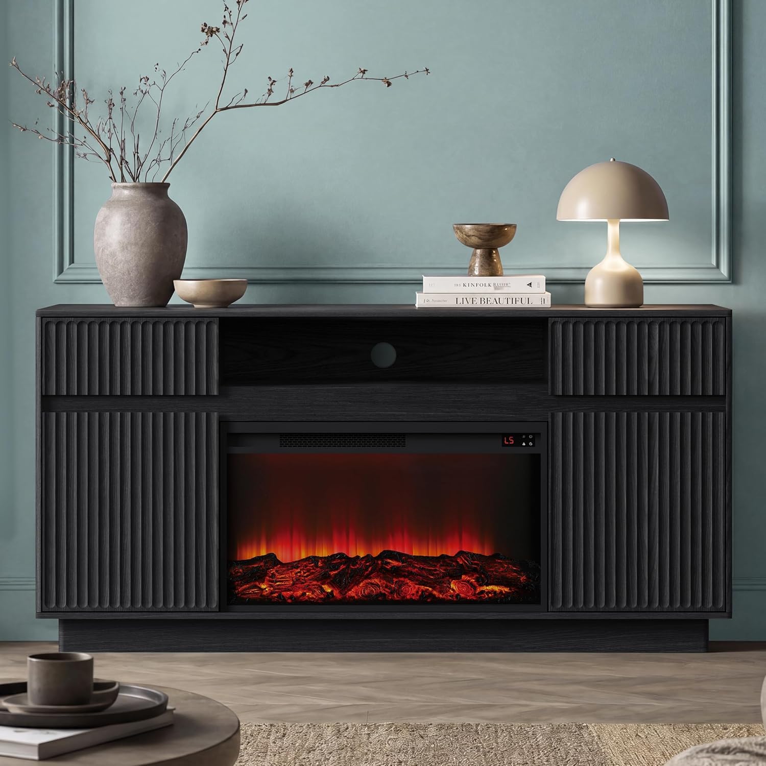 Fireplace TV Stand with 30" Electric Fireplace, Modern Fireplace Entertainment Center Fits TVs up to 70", Fluted Wood TV Console with Spacious Storage Cabinet for Living Room (Black)