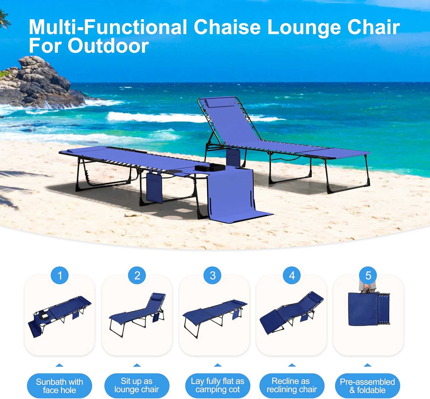 Outdoor Chaise Lounge Chair with Face Hole and Arm Hole, Tanning Chair with 5 Position Adjustable Back, Foldable Lounge Chair with Detachable Pocket and Pillow for Beach, Pool, Blue
