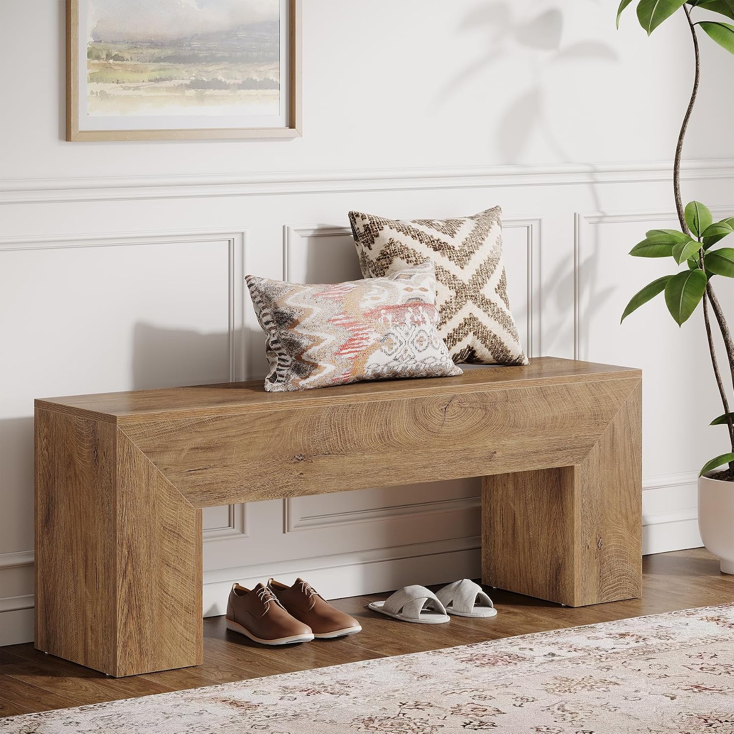 Tribesigns 47'' Wooden Entryway Bench, Farmhouse Entry Bench Seat, Indoor End of Bed Bench with Storage Capability for Living Room, Bedroom, Hallway, Easy Assembly, Natural Brown