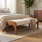 LukeAlon Extra Long Upholstered Bench, 51" Wide Mid-Century Modern Bench with Curved Solid Wood Legs, Comfy Linen Fabric Seat for Bedroom End of Bed, Living Room, Dining Table, Entryway Hallway