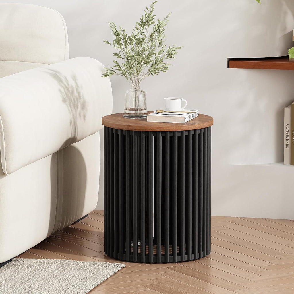 Round End Table, Modern Cylinder Side Table with Wood Top & Black Ribbed Base, Small Drum Accent Table for Living Room, Bedroom, Mid-Century Nightstand for Small Spaces