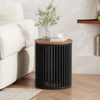 Round End Table, Modern Cylinder Side Table with Wood Top & Black Ribbed Base, Small Drum Accent Table for Living Room, Bedroom, Mid-Century Nightstand for Small Spaces