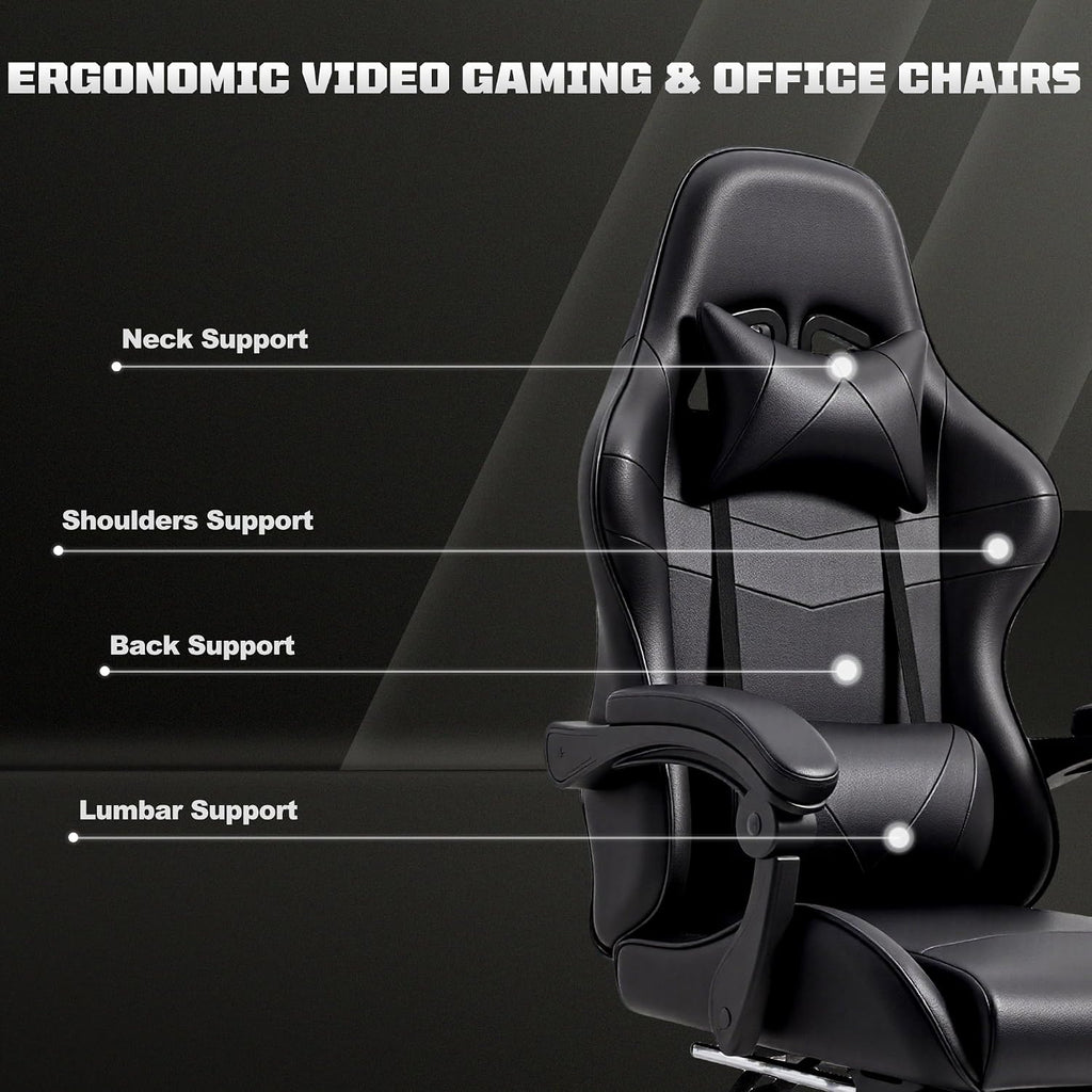 J.M.-Deco Gaming Chair Office Chair-Big and Tall Office Ergonomic Chair with Foot Rest - Comfy Desk Chair with Lumbar Support,Black