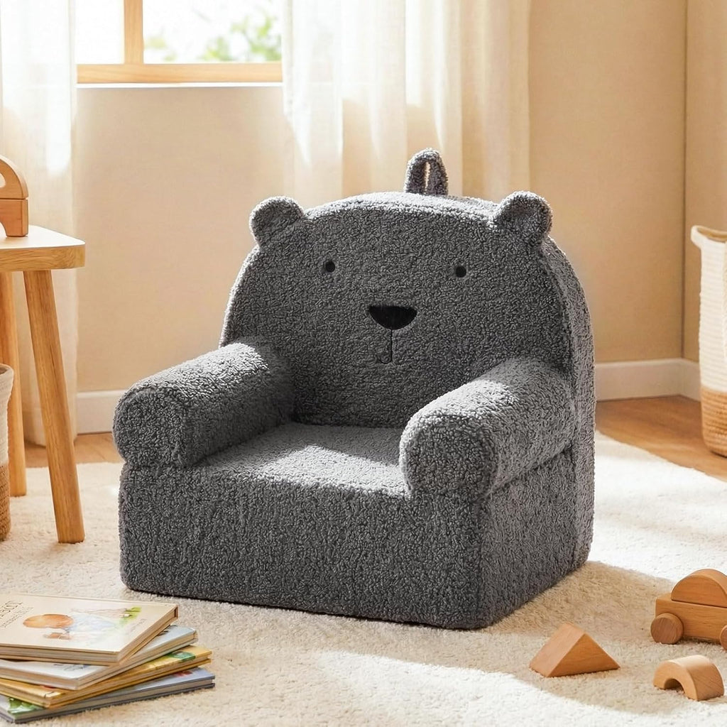 Costzon Kids Sofa, Comfy Bear Toddler Foam Couch with Soft Fleece Fabric Cover, Kids Furniture for Playroom, Children Reading Armchair for Boys & Girls Aged 3+ (["Teddy Fleece],Grey)