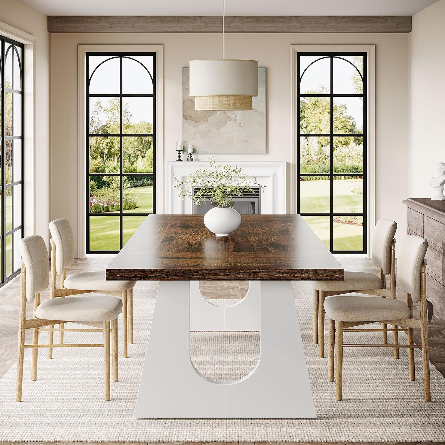 Tribesigns Large Dining Table for 6-8 People, 70.9" Wood Rustic Rectangular Table with White Wooden Legs, Farmhouse Center Kitchen Table for Dining Room, Living Room, Home Furniture (Brown & White)