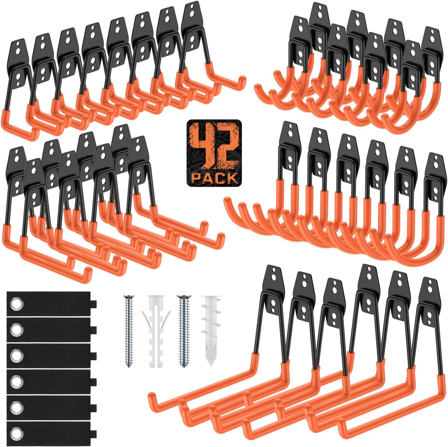 Heavy Duty Wall Mount Garage Hooks, 42-Pack | Hanging Storage for Bikes, Ladders, Hoses, Ropes, Garden Tools - For Warehouse, Workshop, Shed, Shop, Yard