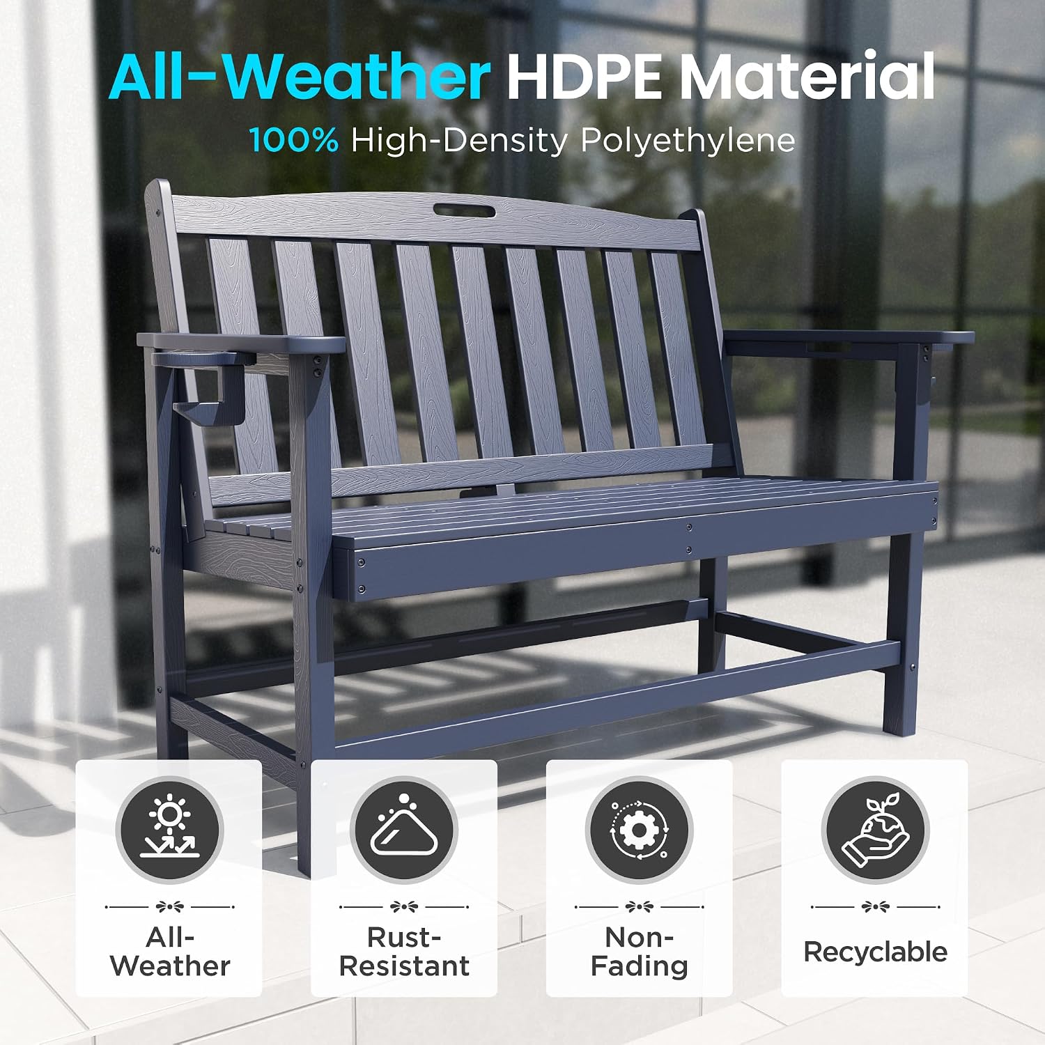 PHI VILLA 50 Inches HDPE Outdoor Bench Weatherproof Garden Bench with 700 lbs Capacity, 2-Person Patio Benches for Outside, Park, Yard and Porch, Navy Blue