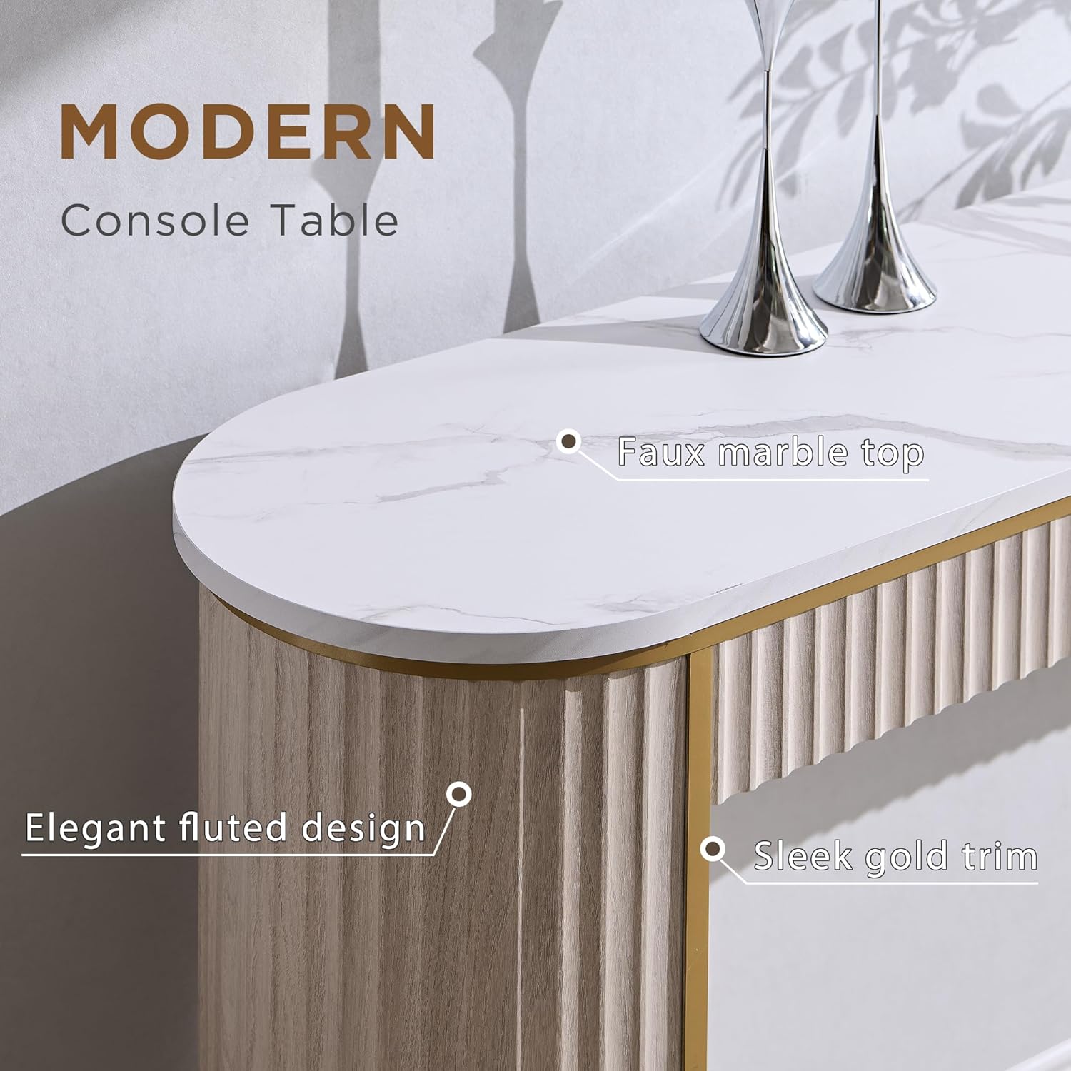 OKD Modern Fluted Console Table, 63" Long Narrow Entryway & Sofa Tables for Hallway, Tall Accent Table Behind Couch for Foyer Living Room, White Alder