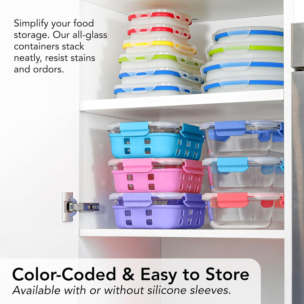 ECOBERI Glass Meal Prep Containers with Silicone Sleeves, 3 Piece 4.5 Cup Set, Borosilicate Glass Food Storage with Leak-Resistant Lids, Oven, Microwave, Freezer and Dishwasher Safe