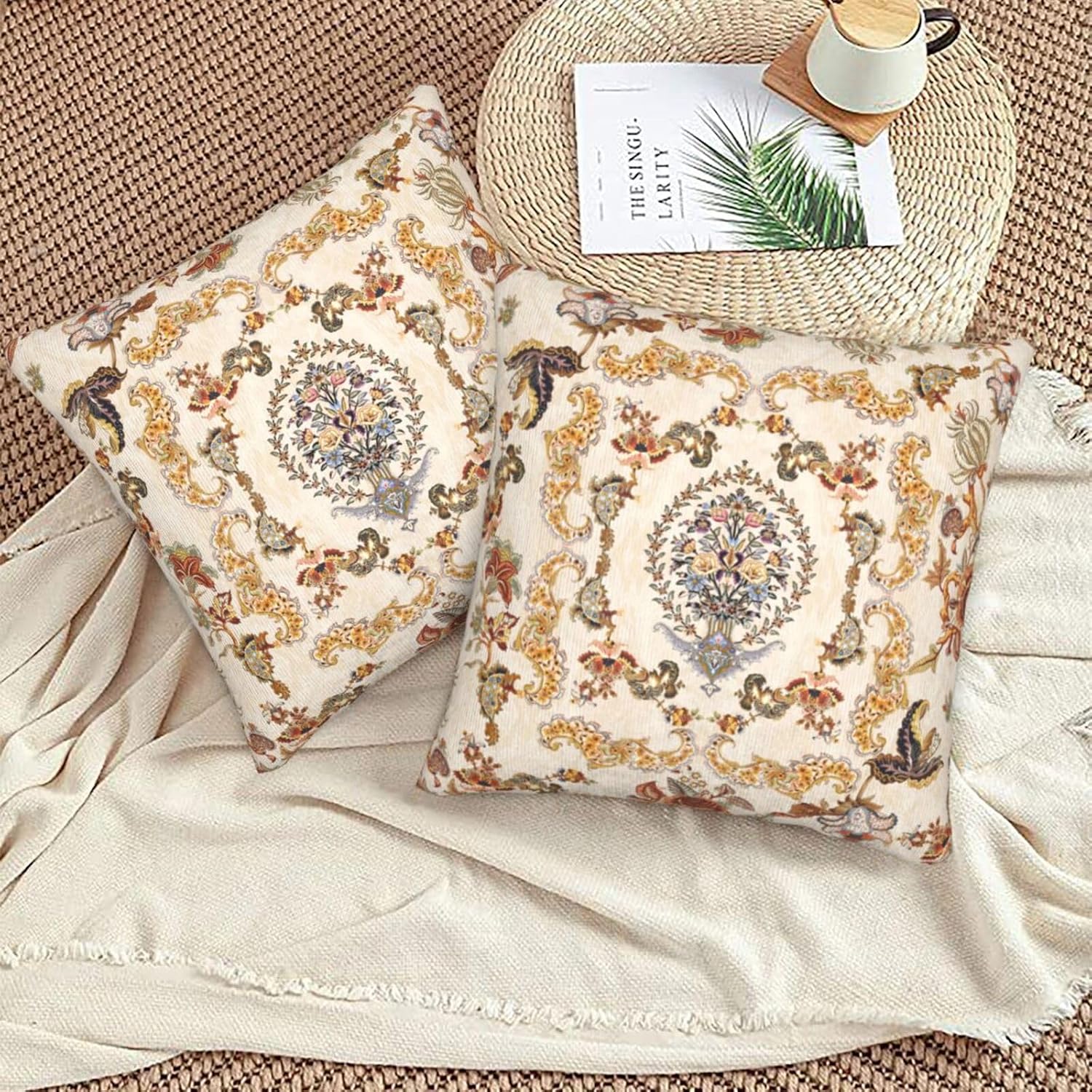 Vintage Floral Decorative Throw Pillow Cover 18x18 Inch Set of 2 Boho Flower Square Pillow Case Farmhouse Cushion Covers for Bed Sofa Living Room Car Home Deco