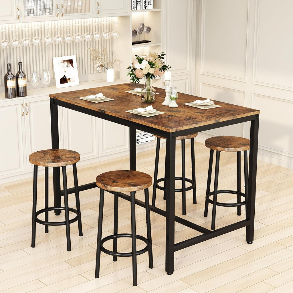 Lamerge Bar Table Set,Industrial Bar Table and Chairs Set,5 Pcs Dining Table Set Counter Height Pub Table with 4 Chairs, Wooden Breakfast Table Set Kitchen Counter,Adjustable Feet,Rustic Vintage