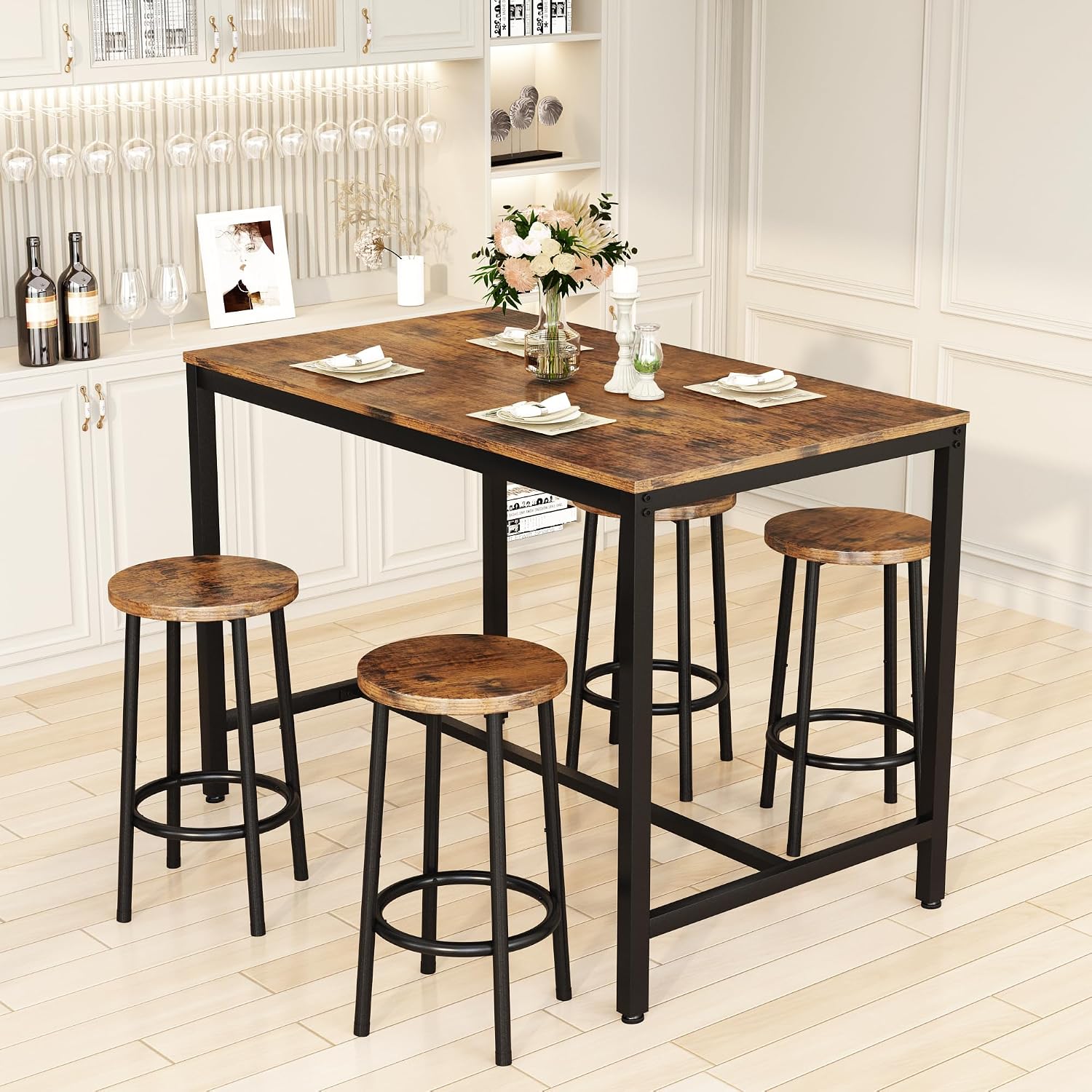 Lamerge Bar Table Set,Industrial Bar Table and Chairs Set,5 Pcs Dining Table Set Counter Height Pub Table with 4 Chairs, Wooden Breakfast Table Set Kitchen Counter,Adjustable Feet,Rustic Vintage