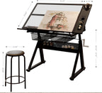 Drafting Table with Storage and Stool, Art Desk for Adults Hand Crank Adjustable Height with 2 Metal Drawers, Glass Craft Drawing Table Artist Desk with Extra Desktop (Black)