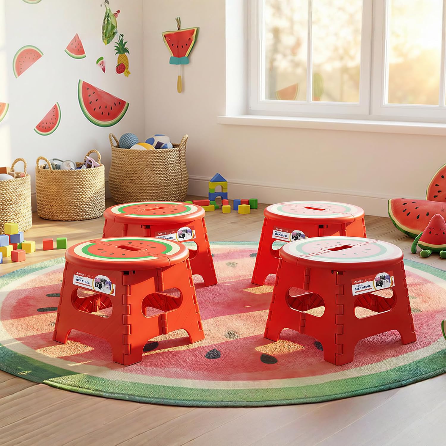 ACSTEP 9 Inch Folding Step Stool for Kids, Sturdy Collapsible Step Stool Foldable Up to 300 lbs for Toddlers, Non Slip Foot Stools with Handle for Kitchen, Bathroom, Bedroom, Outdoor, Watermelon Red
