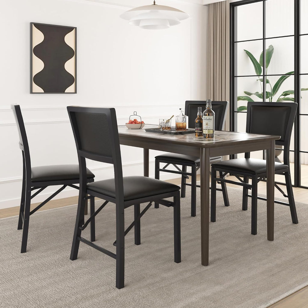 VECELO Folding Dining Chairs Set of 2, Metal Padded Foldable Seating with Comfortable Faux Leather, Space-Saving Portable Guest Seats for Kitchen & Office, No Assembly, Black