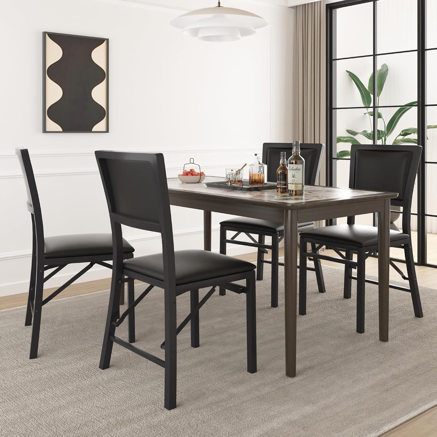 VECELO Folding Dining Chairs Set of 2, Metal Padded Foldable Seating with Comfortable Faux Leather, Space-Saving Portable Guest Seats for Kitchen & Office, No Assembly, Black