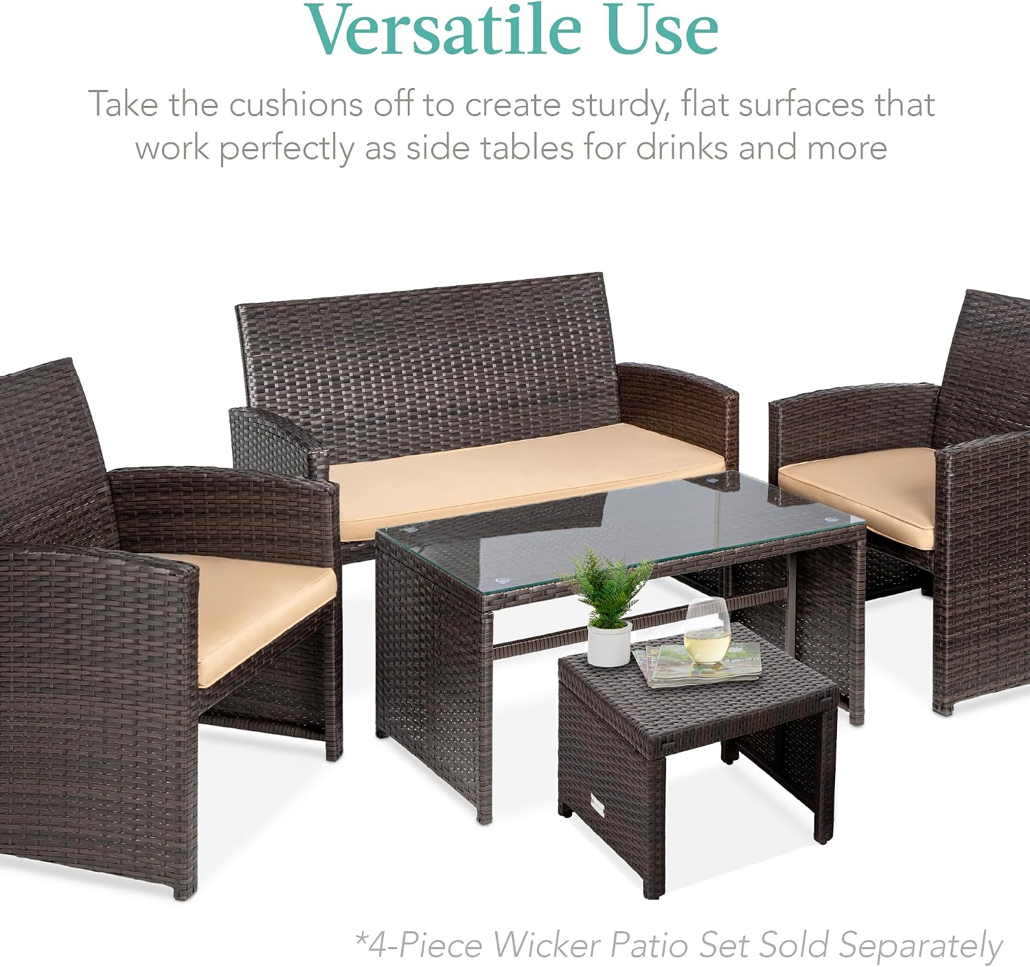 Best Choice Products Set of 2 Wicker Ottomans, Multipurpose Outdoor Furniture for Patio, Backyard, Additional Seating, Footrest, Side Table w/Removable Cushions, Steel Frame - Brown/Tan