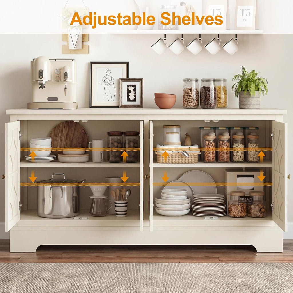 RoyalCraft Sideboard Buffet Cabinet with Storage, 56" Modern Sideboard with 4 Carved Doors, Large Wood Coffee Bar Console Table for Kitchen, Dining Room, Entryway, Living Room, Beige