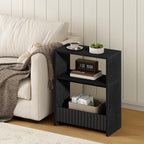 MAHANCRIS Narrow Side Table, 3-Tier Small End Table with Storage Shelf, Skinny Nightstand Sofa Table for Small Spaces, Slim Bedside Table with Magazine Holder for Living Room, Bedroom, Bathroom, Black