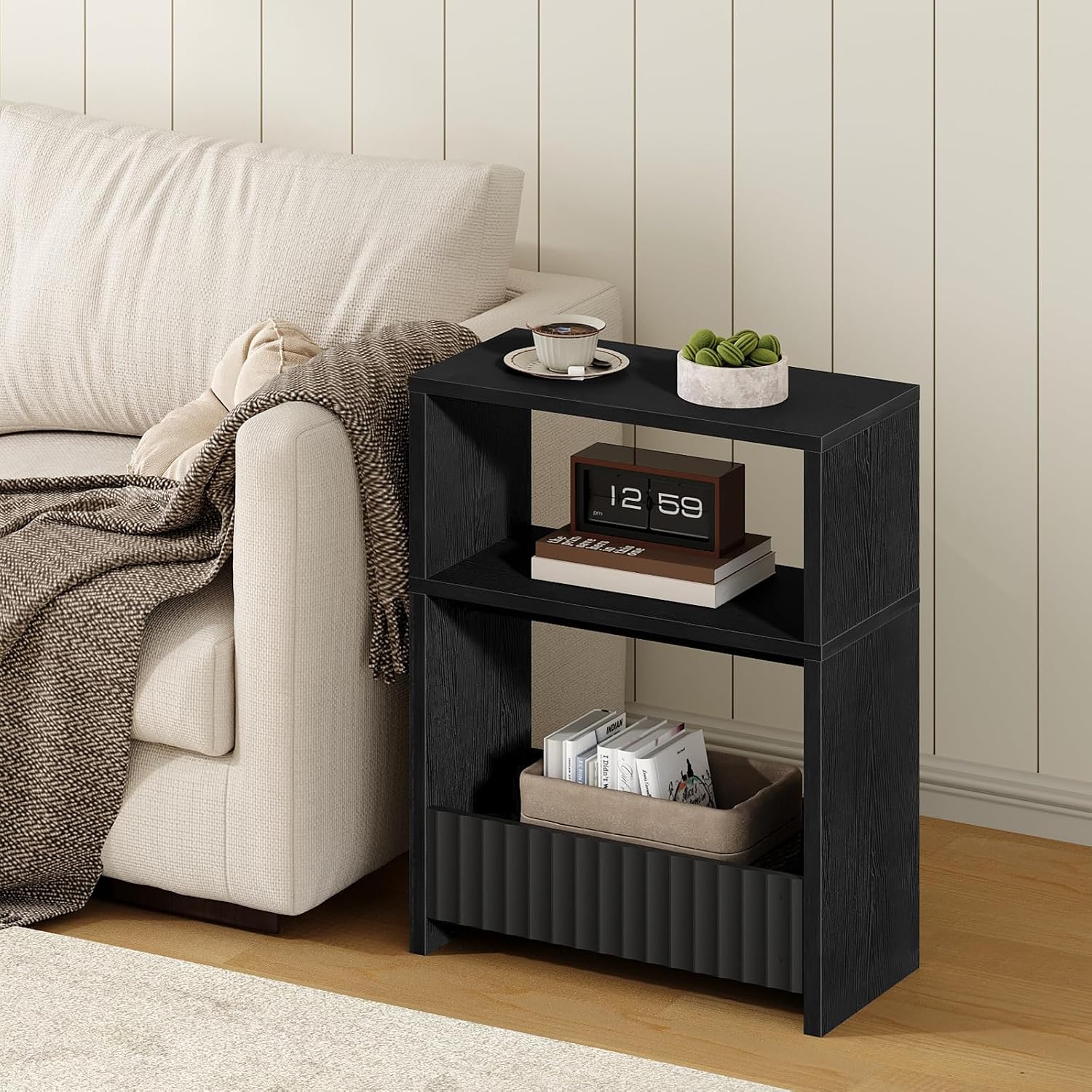 MAHANCRIS Narrow Side Table, 3-Tier Small End Table with Storage Shelf, Skinny Nightstand Sofa Table for Small Spaces, Slim Bedside Table with Magazine Holder for Living Room, Bedroom, Bathroom, Black