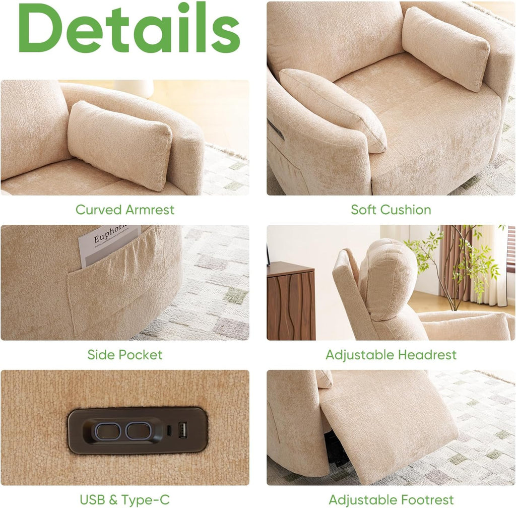 Oversized Power Recliner with Massage and Heat, Swivel Rocker Recliner with Adjustable Headrest, Glider Recliner Nursery Chair with 2 Pillows, rocking nursery recliner for Living Room,Chenille Beige