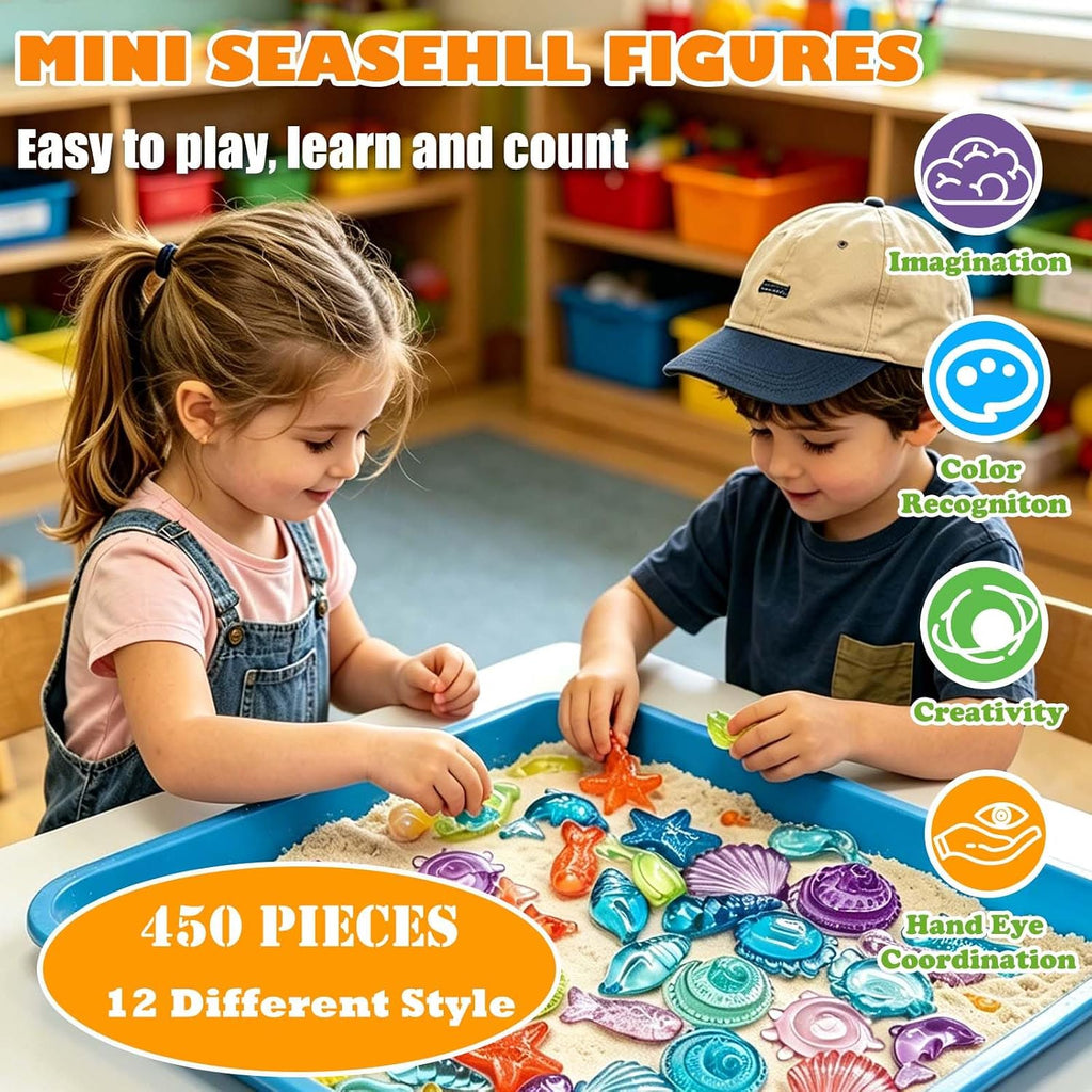 450 PCS Seashells Sensory Bin Filler, Mini Resin Ocean Seashell Animal Figures Diving Gems Vase Fillers for Fish Aquarium Fairy Garden Table Decorations