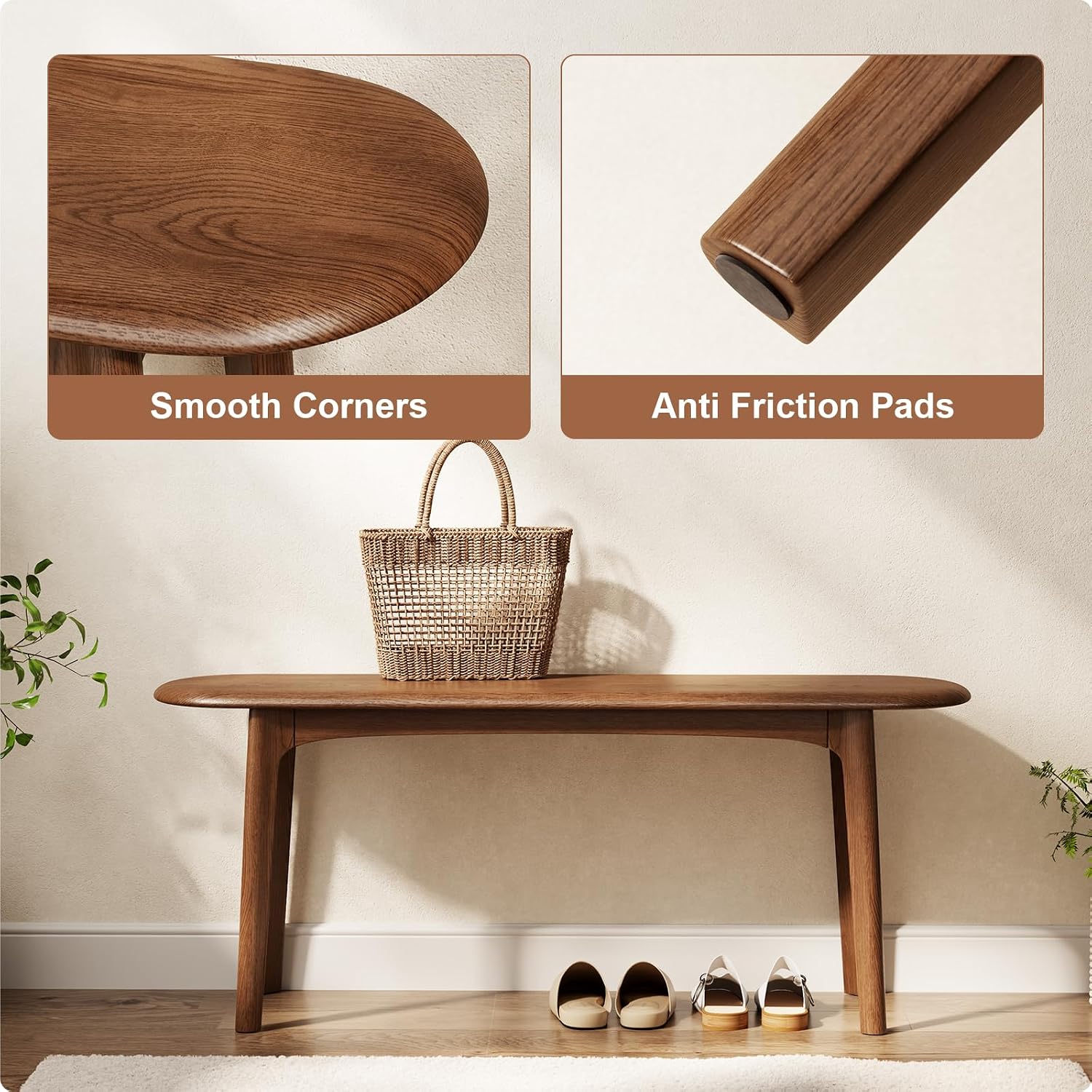 DONGMUWUEJEE 100% Solid Wood Dining Bench, Wood Bench for End of Bed with Rounded Corners, Entryway Benches for Farmhouse, Kitchen, Living Room and Plant Stand (Walnut, 39.4" D x 11.8" W x 19.7" H)