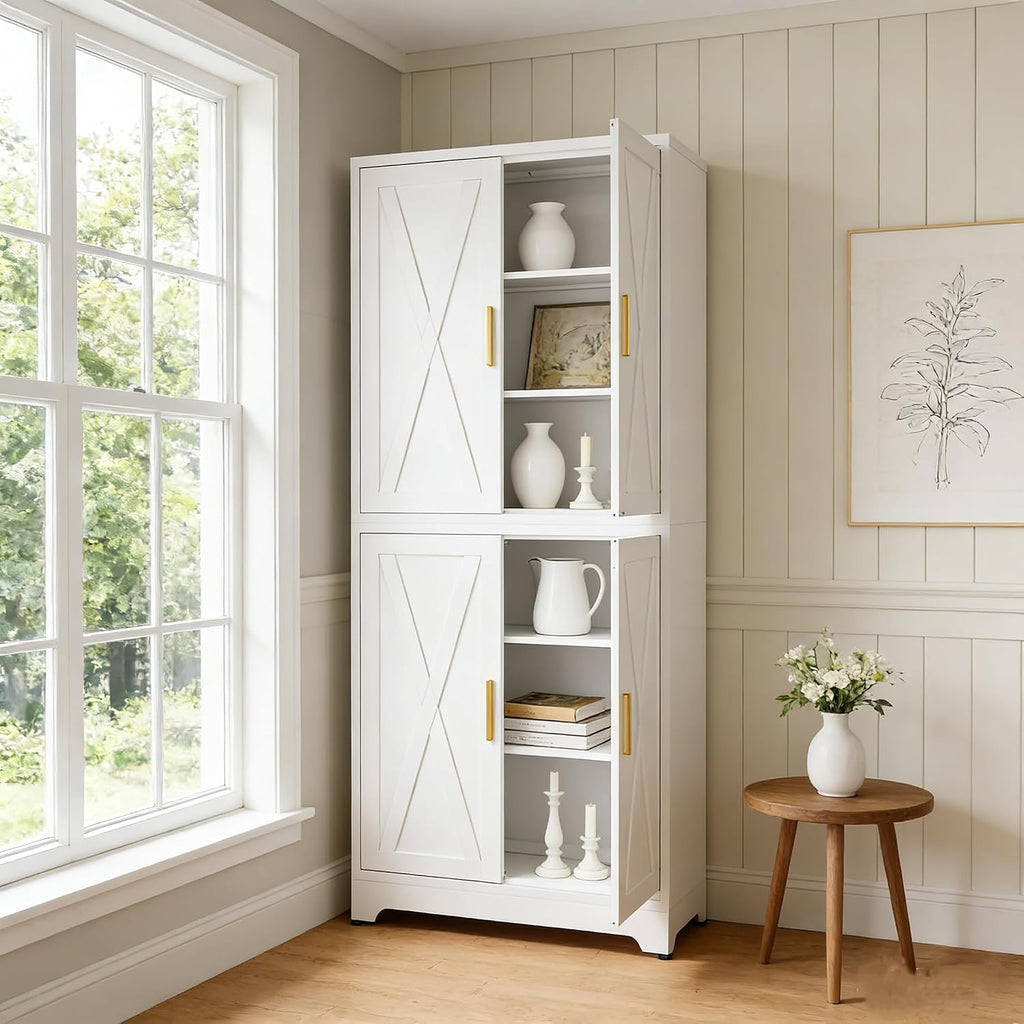 Modular Metal Storage Cabinet,75" White Stackable 2-in-1 Metal Cabinets with 4 Doors & 6 Adjustable Shelves,Freestanding Floor Storage for Kitchen,Home Office Living Room,Dining Room