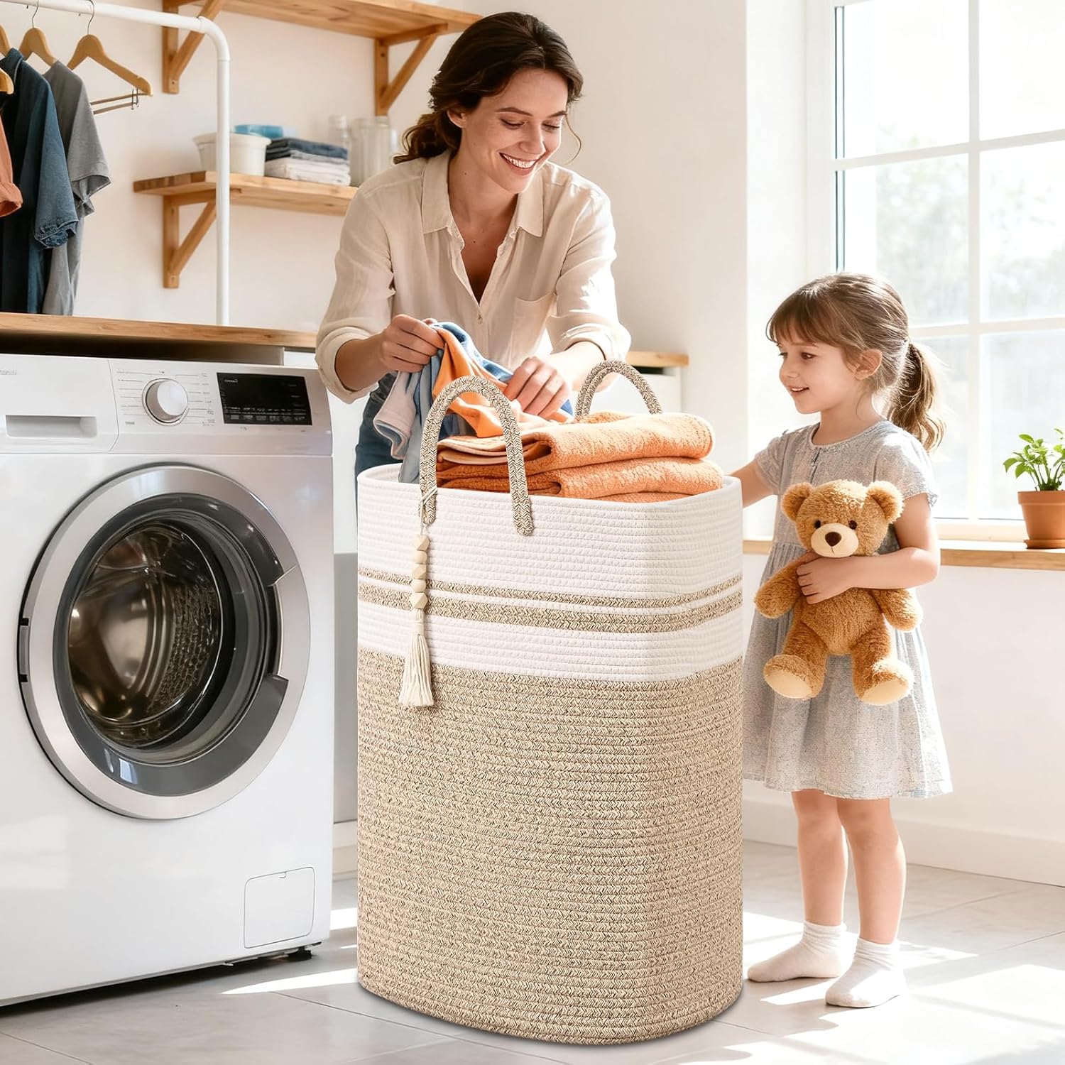 Woven Laundry Basket for Clothes, 80 L Large Rectangle Laundry Hampers with Beads Tassel, Nursery Storage Basket for Toys, Tall Dirty Clothes Hamper for Bedroom Aesthetic, Laundry Room Organization