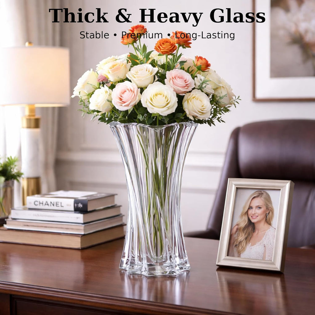 Crystal Glass Vase – Heavy Crystal Vase for Flowers with Weighted Bottom, Thick Durable Decorative Vases for Modern Home Decor, 9.8″ 3.5lb Clear Centerpiece (Transparent)