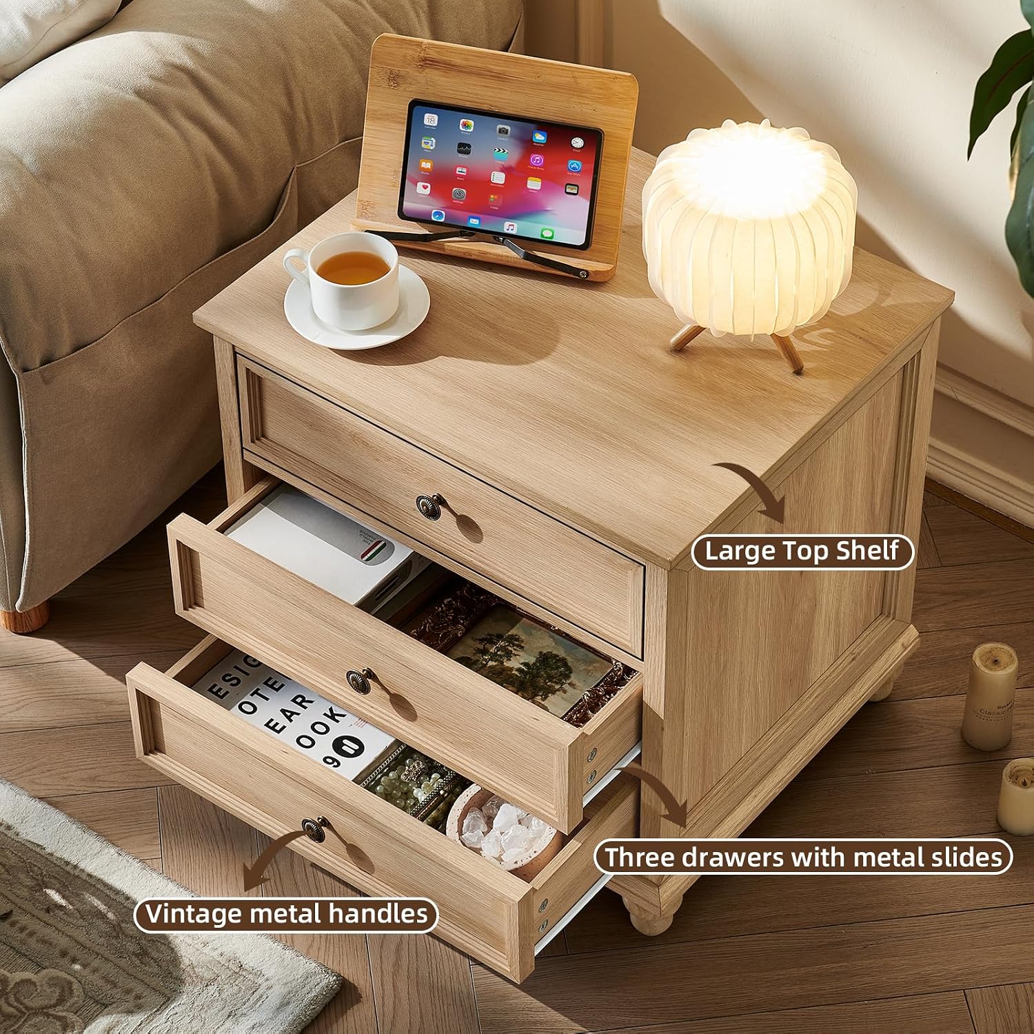 Joaxswe 24" Wide Farmhouse Night Stand Set of 2,Large End Table with 3 Drawers & Metal Handle,Wood Dresser for Bedroom,Bed Side Table Chest of Drawers Cabinet,Natural Nightstand for Living Room,Closet
