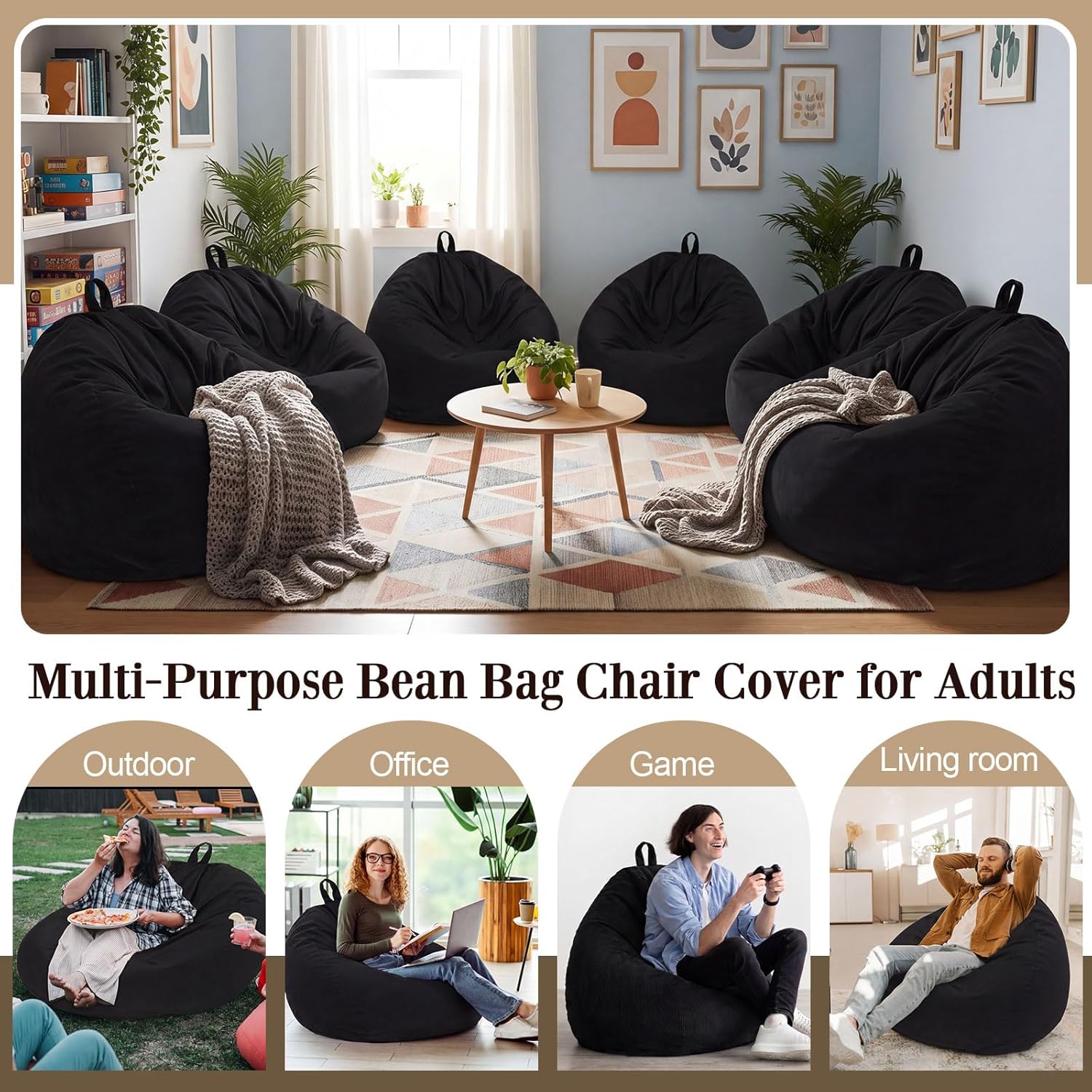 6 Pcs Bean Bag Chair Cover (No Filler) Washable Beanbag Chair Cover Stuffed Animal Storage Soft Corduroy Stuffable for Adults Pets Organizing Plush Toys Textile (Black,XL)