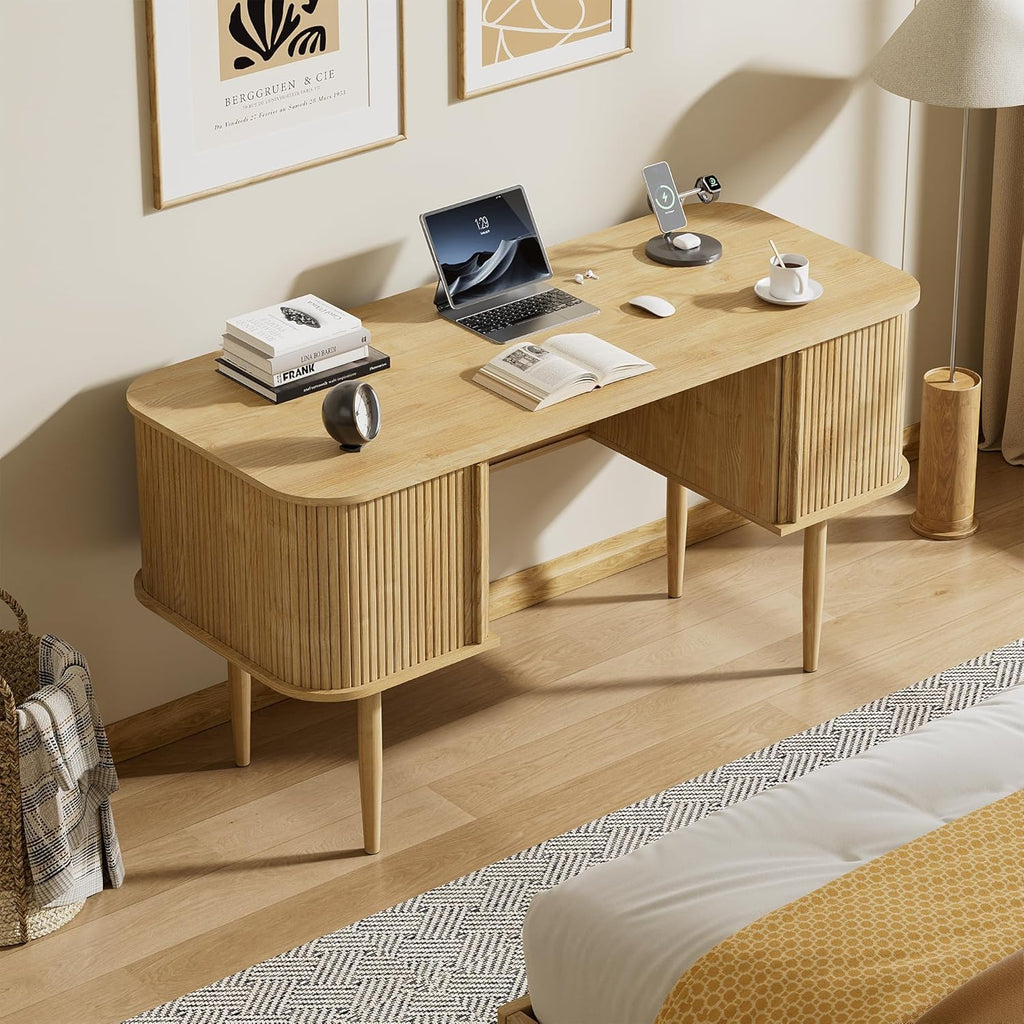 Furniway 55" Modern Writing Desk with Sliding Doors, Wood Home Office Desk with Storage, Computer Desk for Study, Living Room, Dorm, Natural