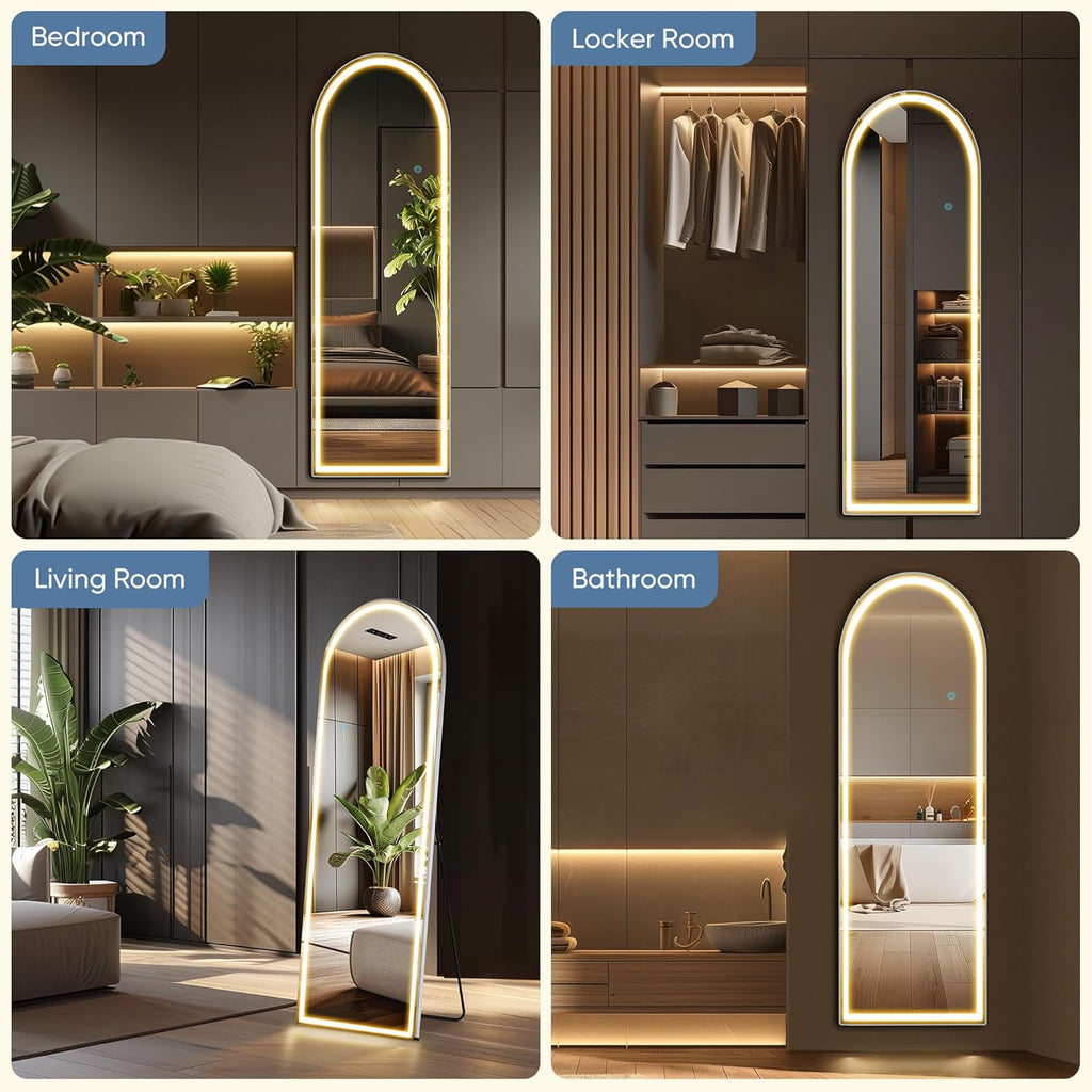 Arched Full Length Mirror with LED Lights, 20"x63" Floor Standing or Wall Mounted Dressing Mirror, 3 Color Lighting Modes for Bedroom, Living Room, Bathroom