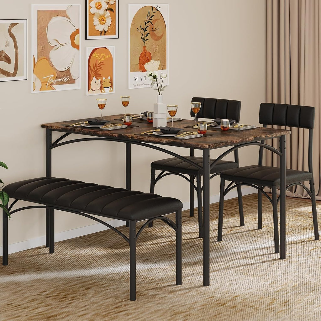 4 EVER WINNER Dining Table Set for 4, Kitchen Table with Upholstered Chairs and Bench, 4-Piece Kitchen Table and Chairs for Small Spaces, Dining Room, Rustic Brown