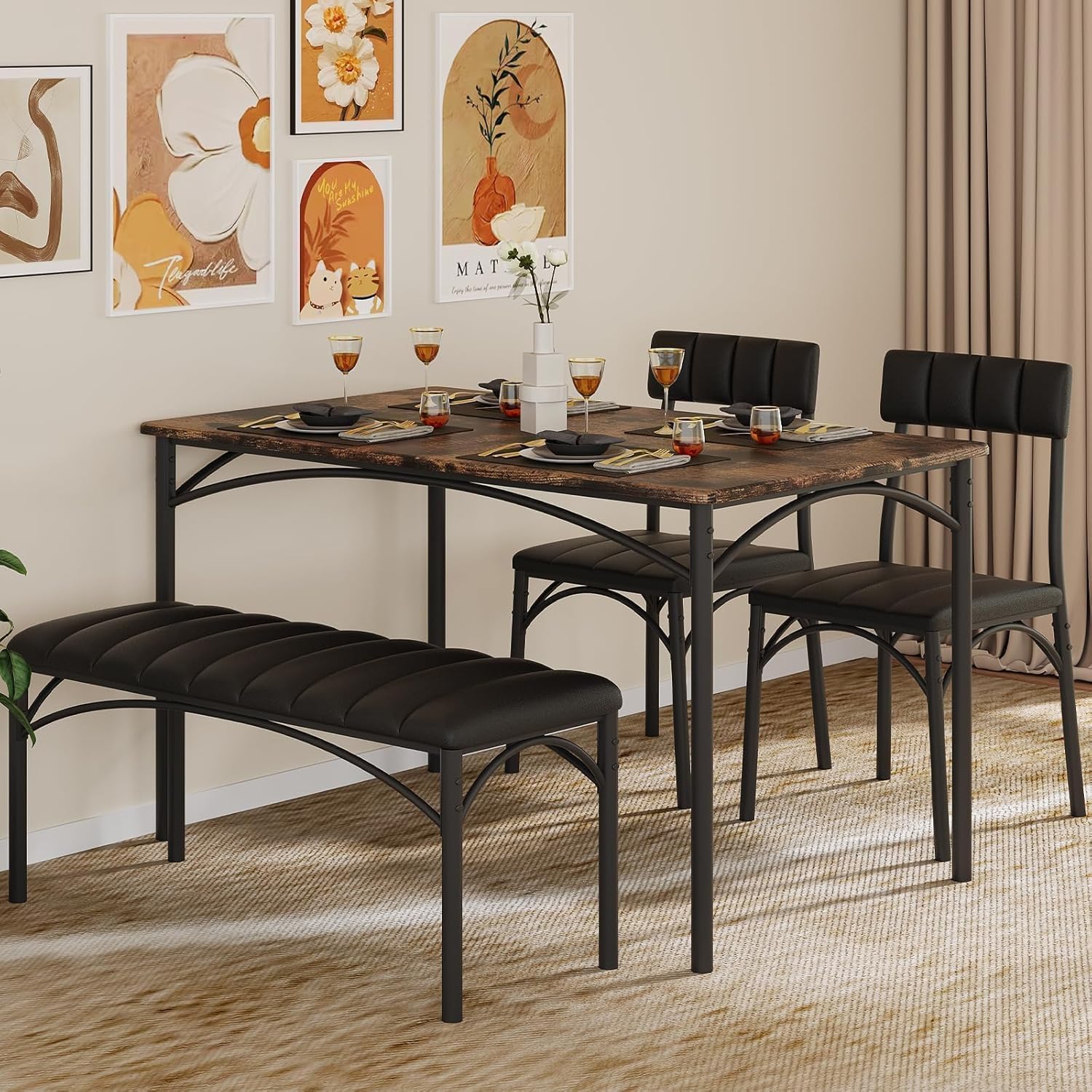 4 EVER WINNER Dining Table Set for 4, Kitchen Table with Upholstered Chairs and Bench, 4-Piece Kitchen Table and Chairs for Small Spaces, Dining Room, Rustic Brown