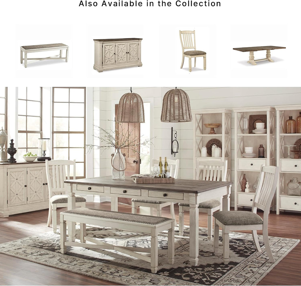 Signature Design by Ashley Bolanburg Casual French Country Upholstered Dining Room Bench with Nailhead Trim, Heavy Woven Fabric, Wood, Antique White & Tan