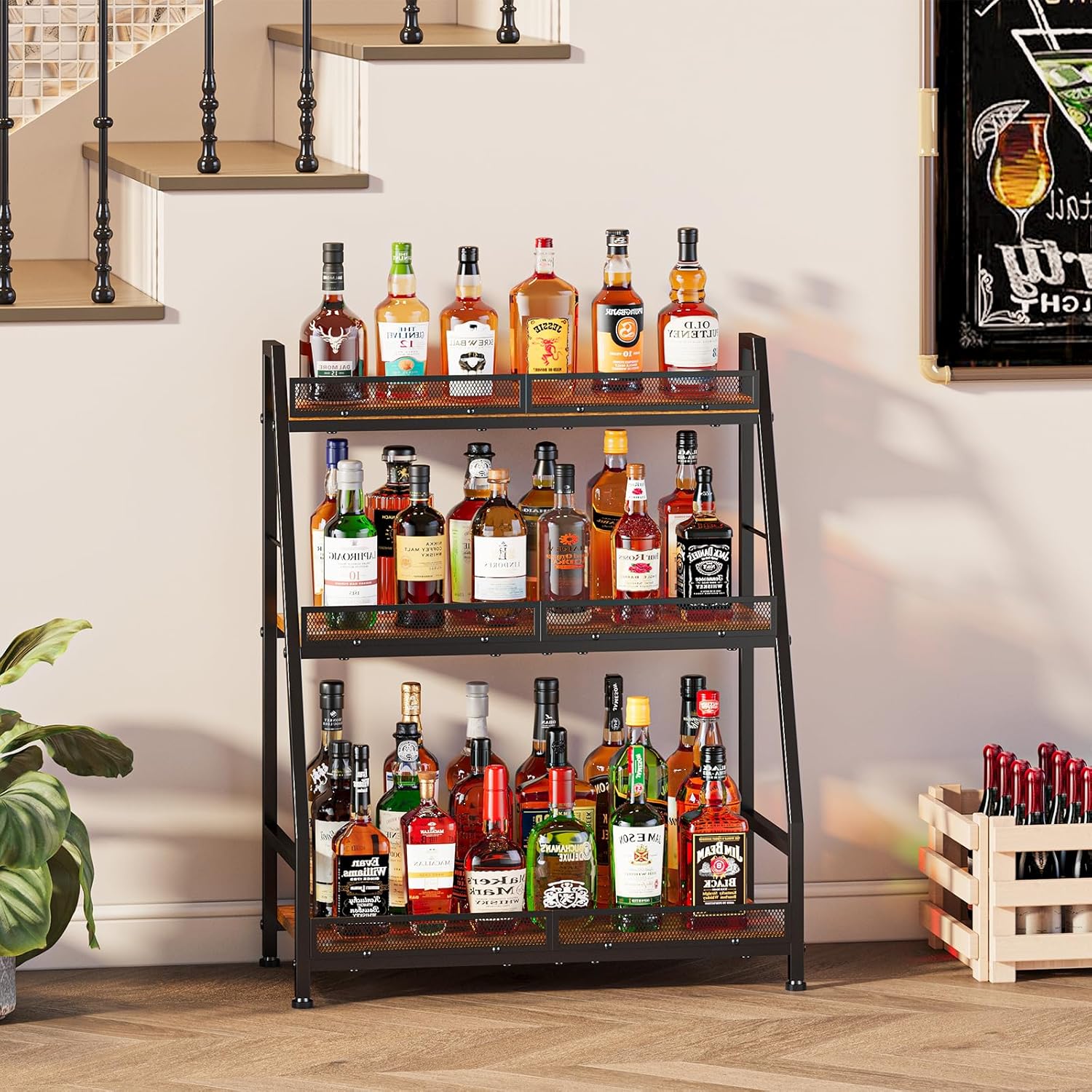 3-Tier (Safe Height for Kids & Pets) Expanded Liquor Stand, Trapezoid Wine Rack Freestanding Floor, Large-Capacity Bar Stand for Liquor Whiskey Wine Storage, Vintage Liquor Cabinet Bar for Home
