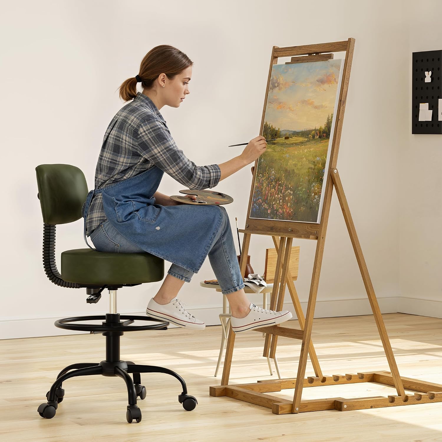 Drafting Chair with Back, Adjustable Foot Rest Rolling Stool(1, Green)