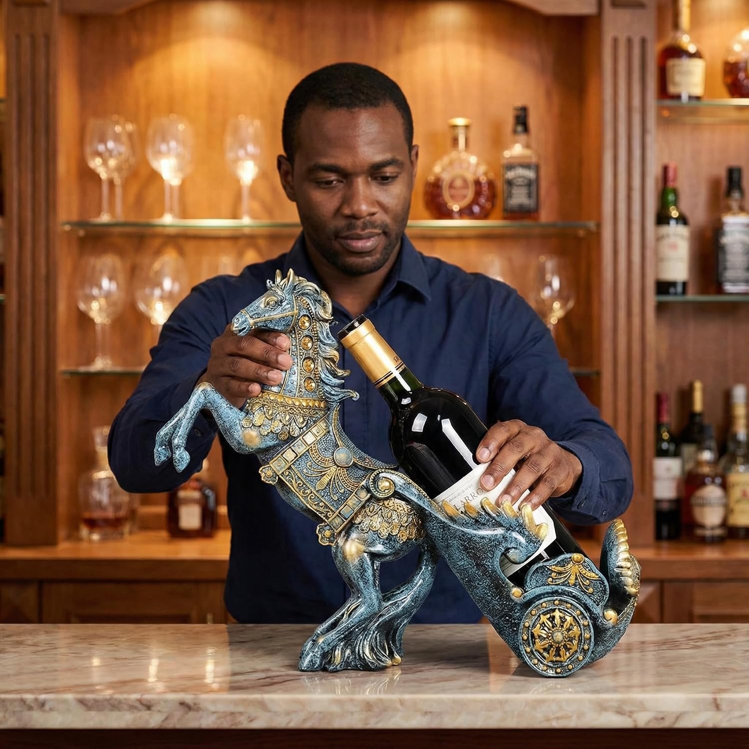 Horse Sculpture Resin Wine Bottle Holder - Tabletop Kitchen Decor, Decorative Storage Organizer for Home Bar Cellar, Unique Gift for Men Women Housewarming, Holds 1 Standard Bottle (Blue A)