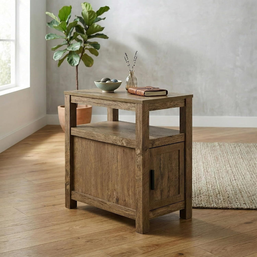 Signature Design by Ashley Fendenmore Farmhouse Chairside End Table with Storage and USB Ports, Dark Brown
